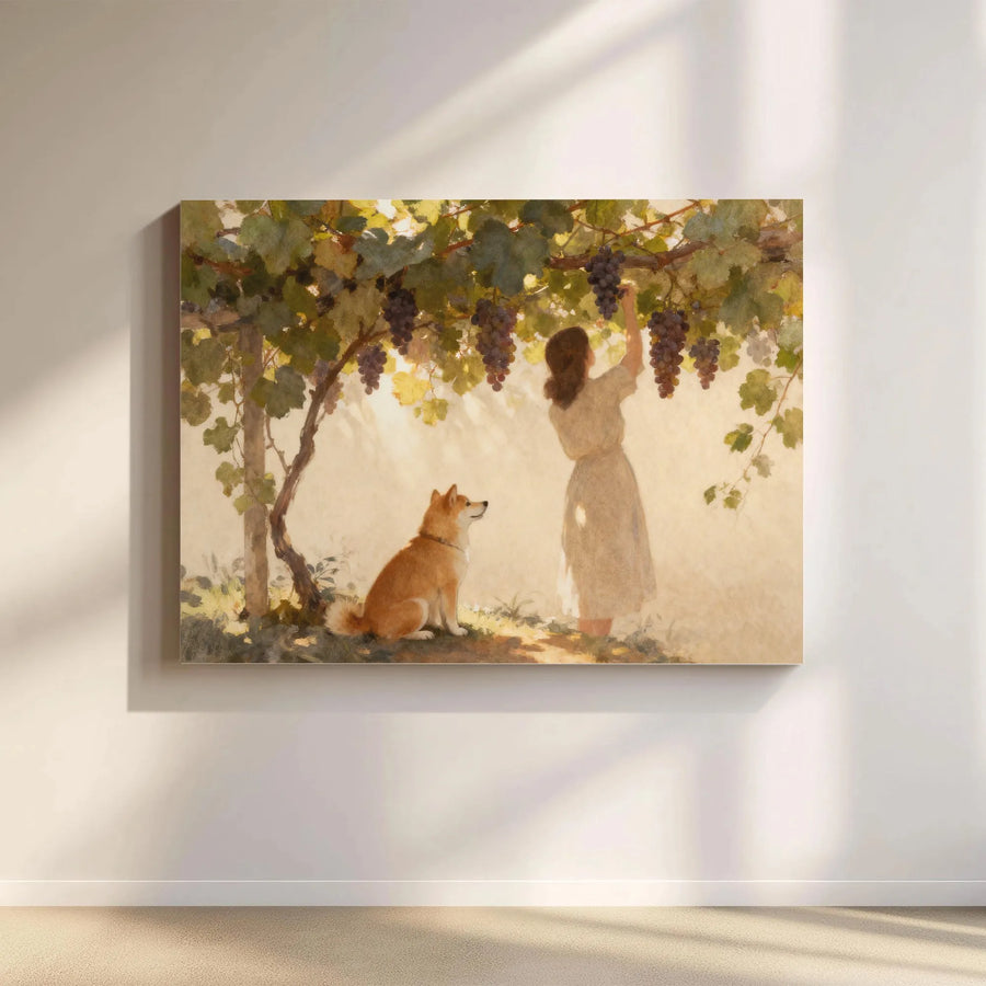 Shiba Inu Vineyard Canvas Art | Watercolor Painting of Woman Harvesting Grapes | Premium Gallery Wrapped Print | Rustic Farmhouse Decor Gift