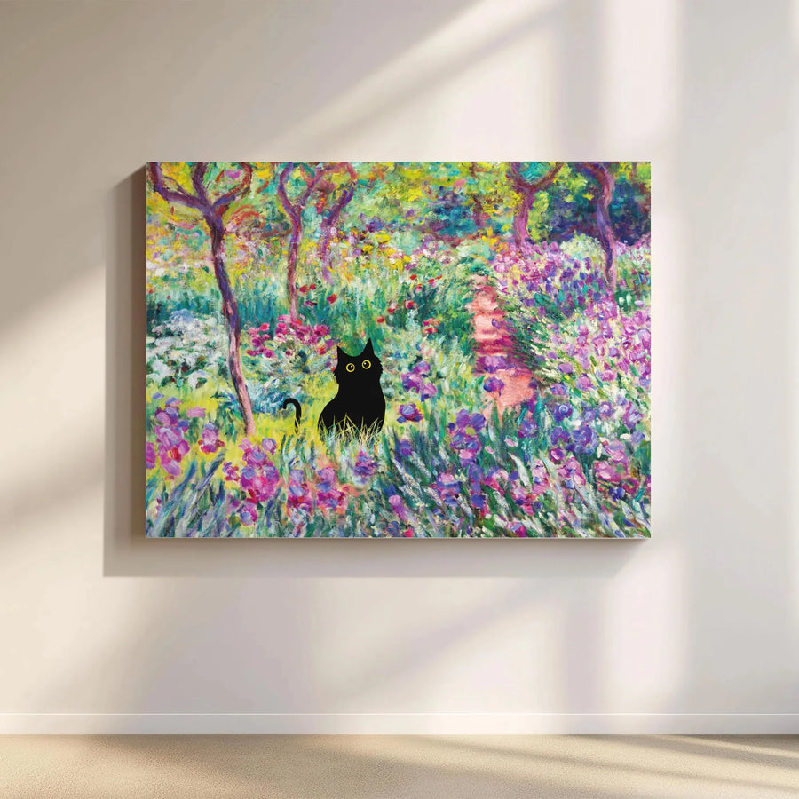 Black Cat Wall Art | Impressionist Garden Oil Painting Style | Premium Gallery-Wrapped Canvas | Unique Cat Lover Gift for Home Office Decor