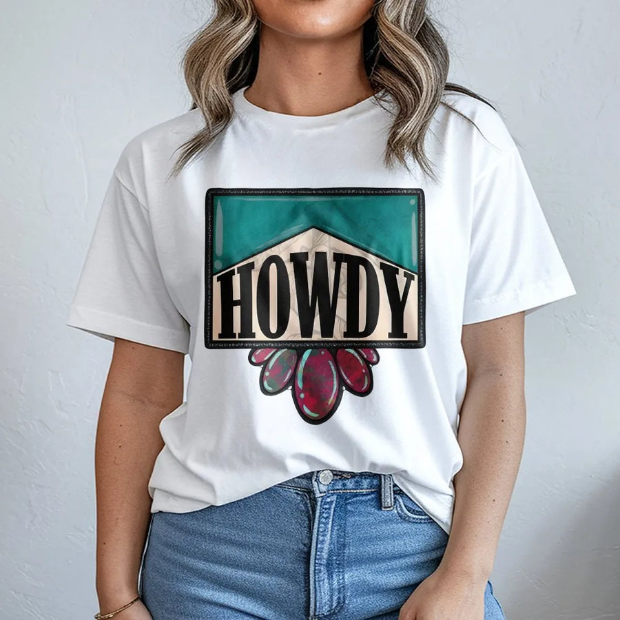 Howdy Western Graphic T-Shirt | Retro Cowboy Turquoise Jewel Design | Premium Cotton Comfort Tee | Trendy Country Music Festival Gift for Women