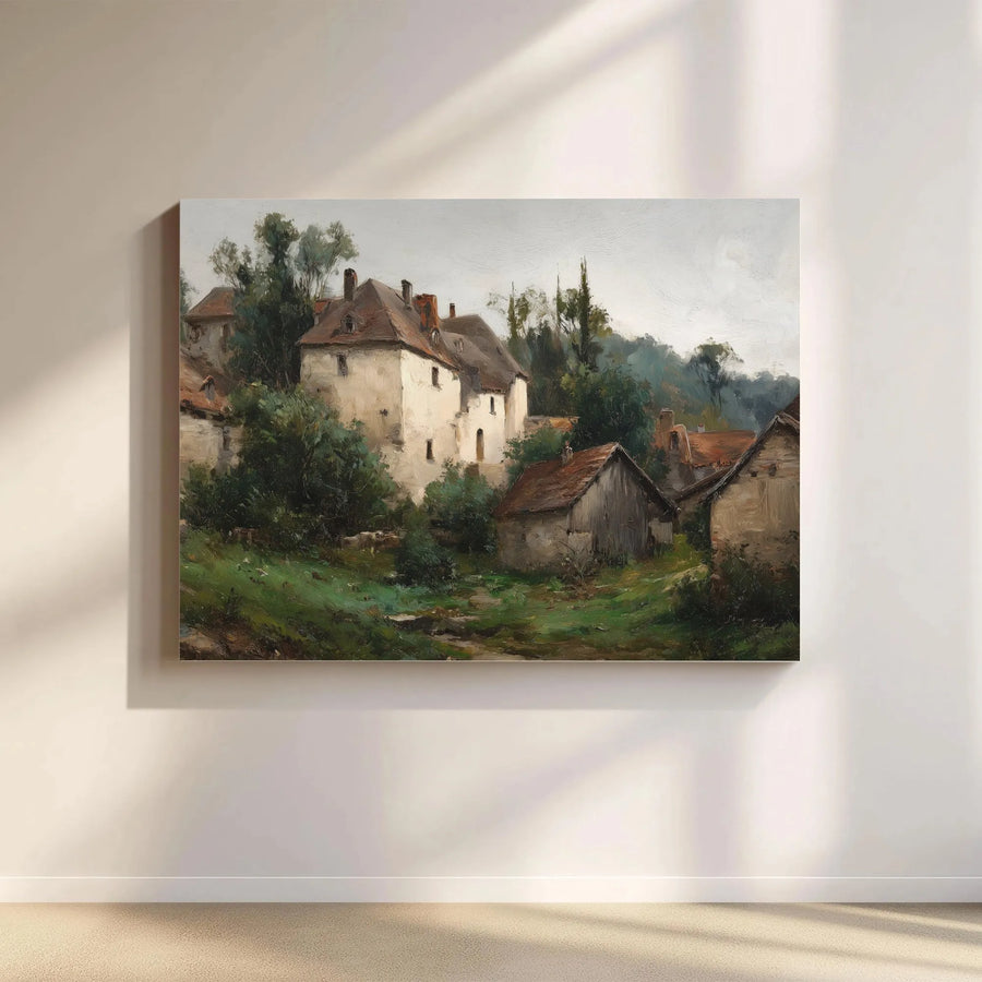 Vintage Countryside Canvas Print | Rustic European Village Oil Painting | Premium Fade-Resistant Print | Collector's Living Room Wall Decor