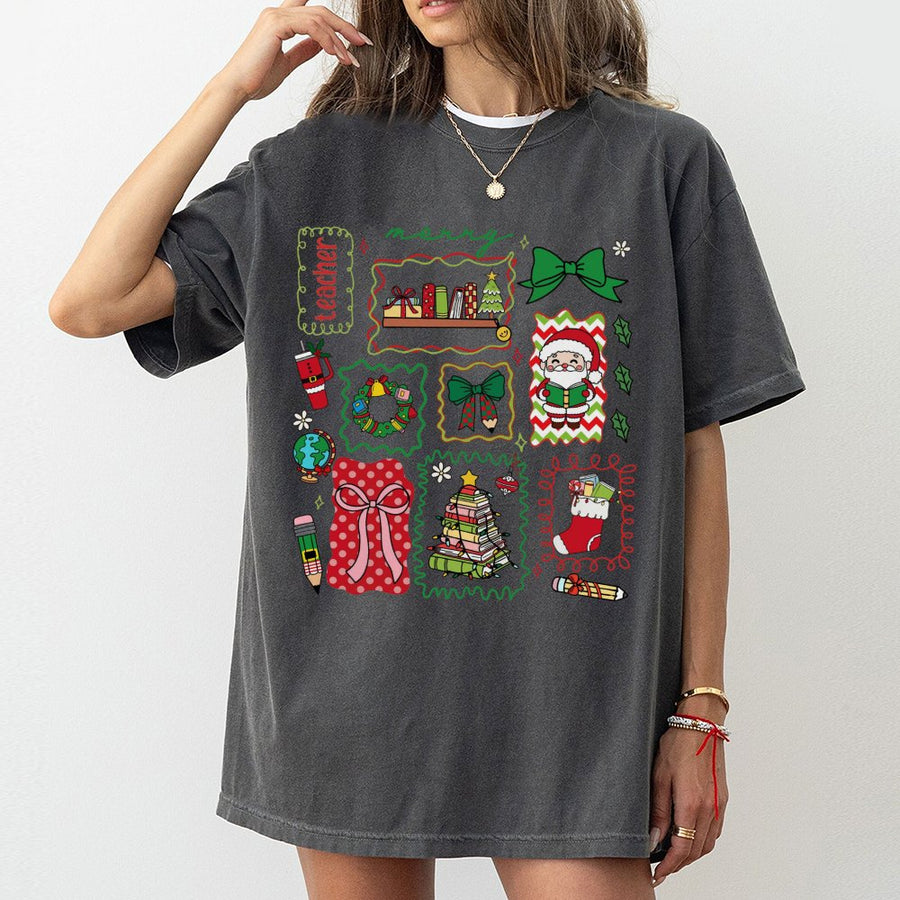 Merry Teacher Christmas T-Shirt | Retro Festive School Supplies Print | 100% Cotton Premium Tee | Cute Holiday Gift For Teachers