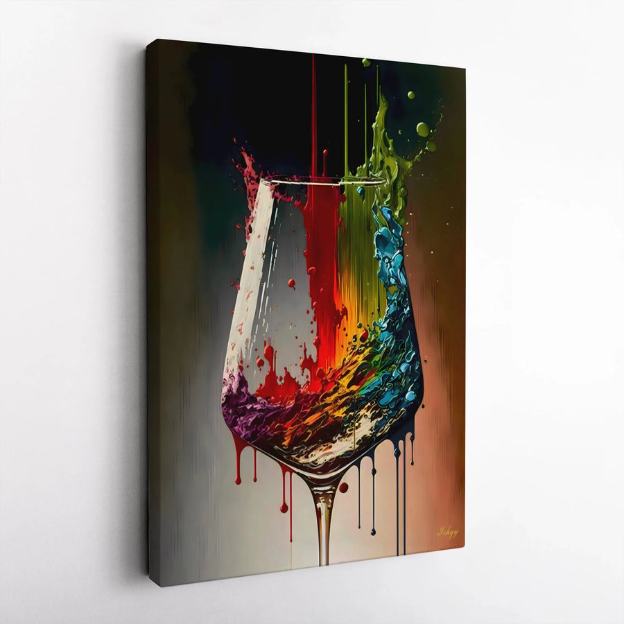 Abstract Wine Glass Canvas Print | Colorful Dripping Paint Wall Art | Premium Gallery Wrapped Decor | Modern Bar & Kitchen Gift