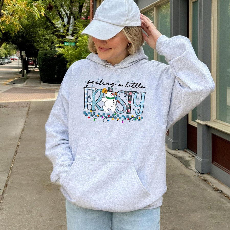 Feeling A Little Frosty Hoodie | Cute Snowman Christmas Graphic | Soft Cotton-Polyester Blend | Festive Winter Holiday Gift for Women and Men