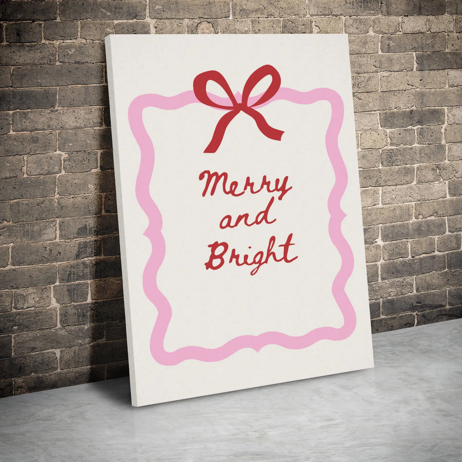 Merry and Bright Canvas Wall Art | Christmas Holiday Gift Decor | Premium Gallery Wrap Print | Festive Red Bow Minimalist Poster for Living Room