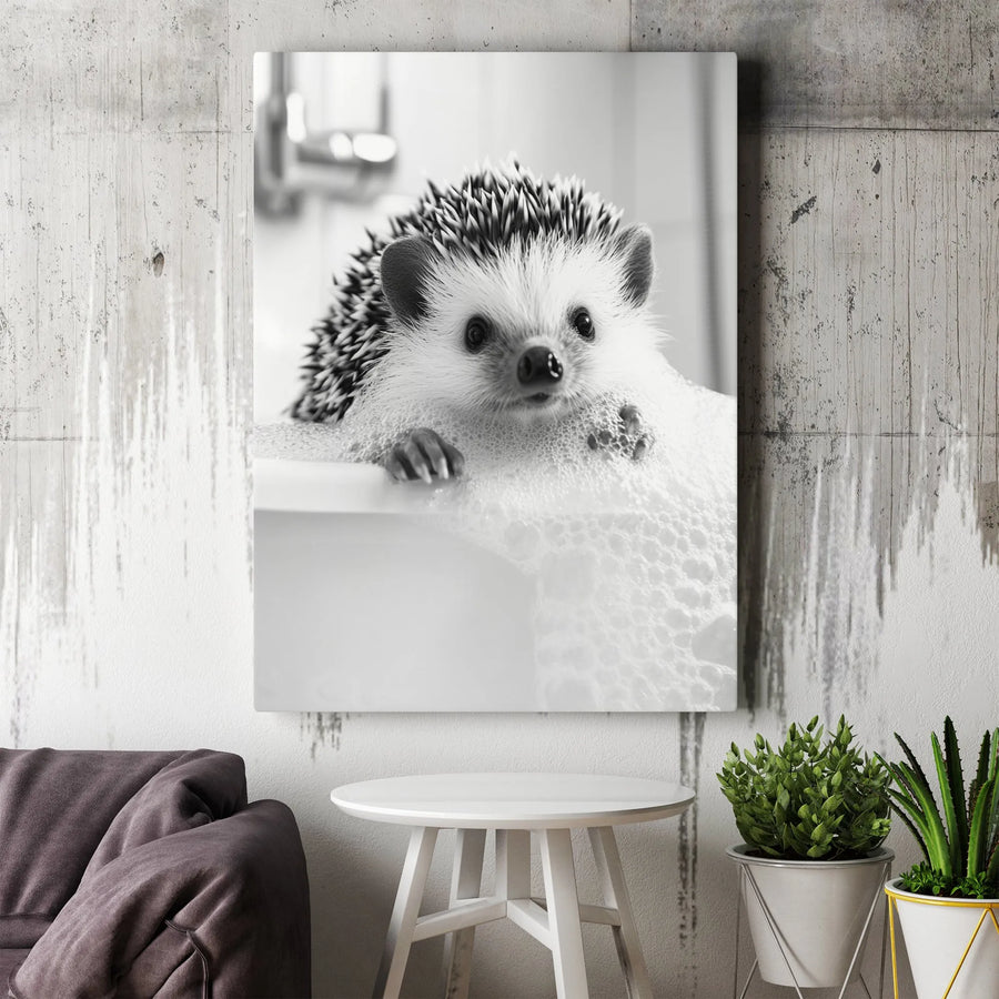 Cute Hedgehog Wall Art | Black and White Bubble Bath Animal Print | Premium 1.25-Inch Gallery Canvas | Whimsical Nursery or Bathroom Decor Gift