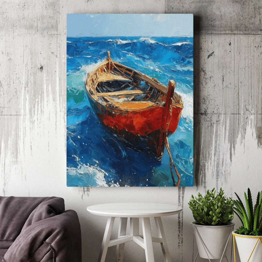 Red Boat Ocean Canvas Art | Stormy Sea Oil Painting Impressionist Style | 1.25" Gallery Wrap Premium Print | Nautical Home Decor For Office