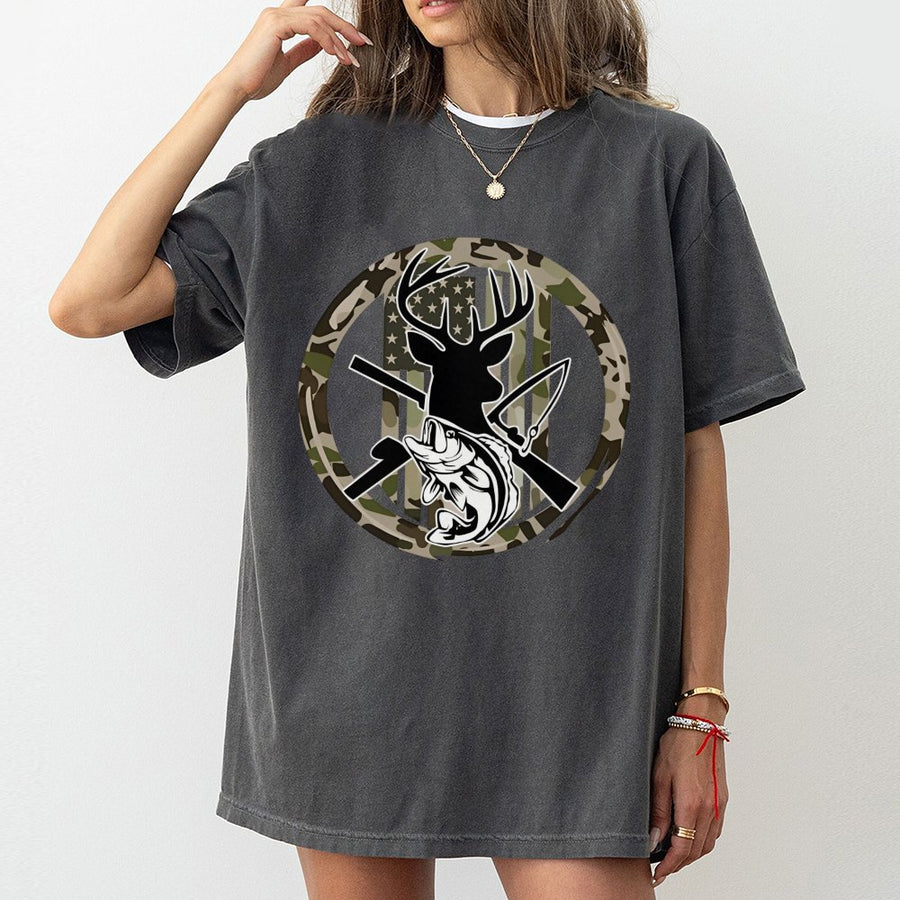 Outdoorsman T-Shirt | Deer Hunting and Bass Fishing Graphic | 100% Cotton Premium Tee | Gift for Hunters and Fishermen