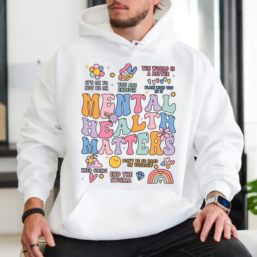 Mental Health Matters Hoodie | Retro Groovy Inspirational Graphic | Premium Soft Cotton Blend | Inspirational Gift for Women and Men