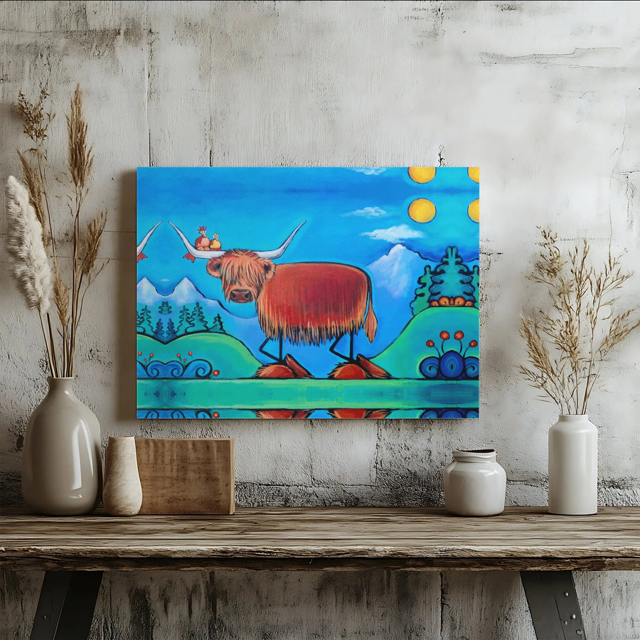 Highland Cow Canvas Wall Art | Whimsical Scottish Cow Folk Art Print | Premium Fade-Resistant Canvas | Colorful Nursery & Living Room Decor Gift