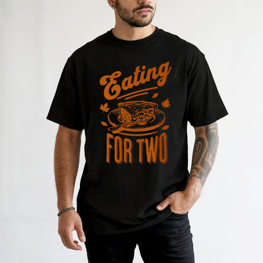 Eating For Two Thanksgiving T-Shirt | Fall Pregnancy Announcement Graphic Tee | 100% Cotton Premium Quality | Fun Baby Reveal Gift For Mom