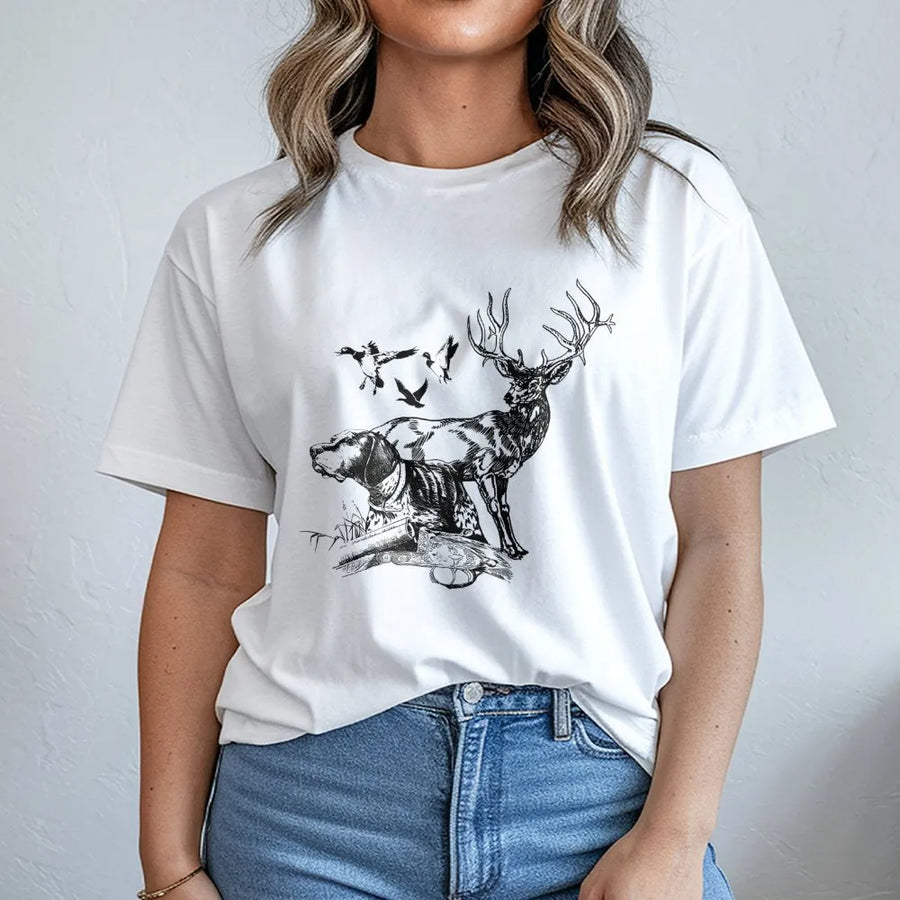 Hunting T-Shirt | Vintage Deer And Pointer Dog Graphic | Premium Soft Cotton Tee | Outdoorsman Gift For Hunter