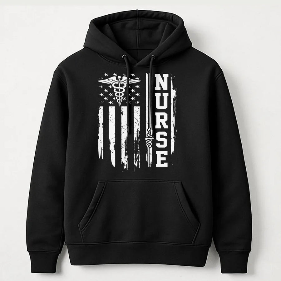 Nurse American Flag Hoodie | Distressed Caduceus Medical Design | Premium Cotton Blend | Gift For RN Nursing Students And Healthcare Workers
