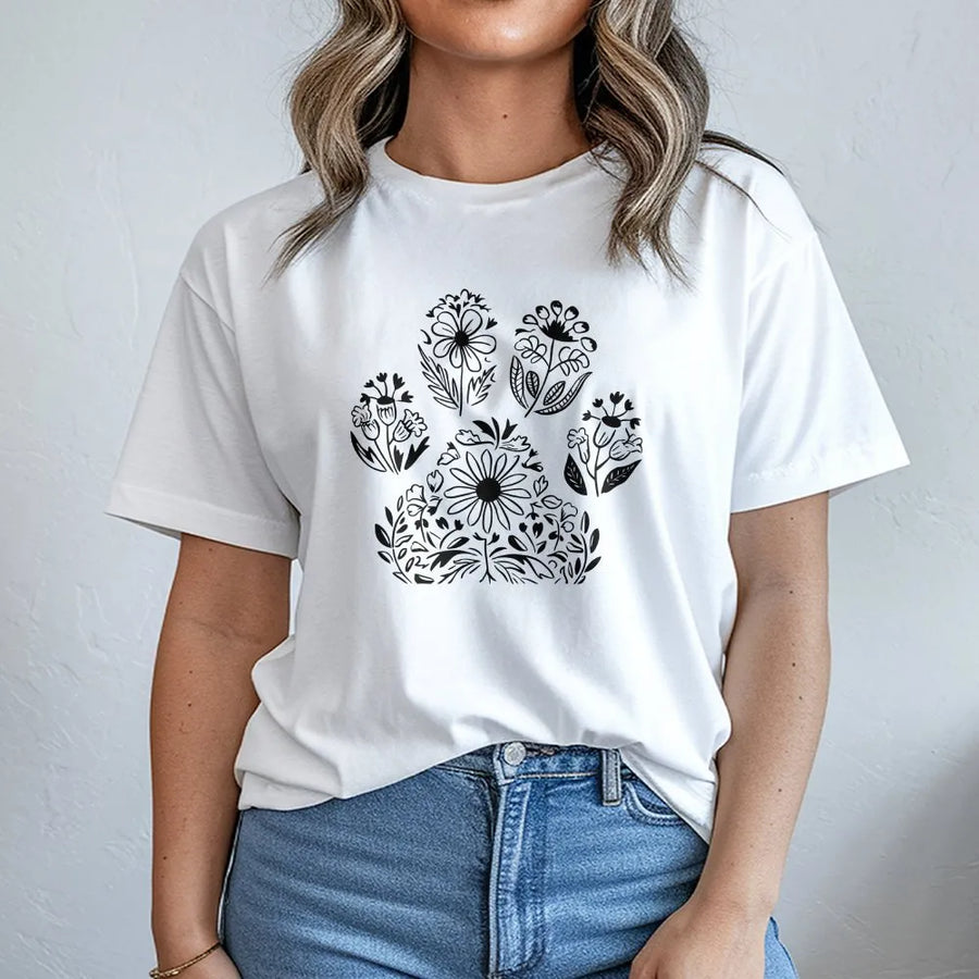 Floral Paw Print T-Shirt | Botanical Wildflower Dog Graphic | Premium Soft Cotton Blend | Gift for Dog Mom, Animal Rescue Supporter