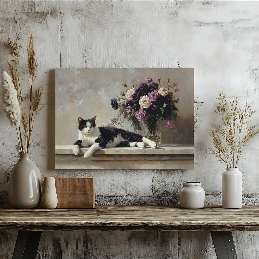 Tuxedo Cat Oil Painting Print | Floral Rose Bouquet Wall Art | Premium Gallery-Wrapped Canvas | Elegant Home Decor Gift for Cat Lovers