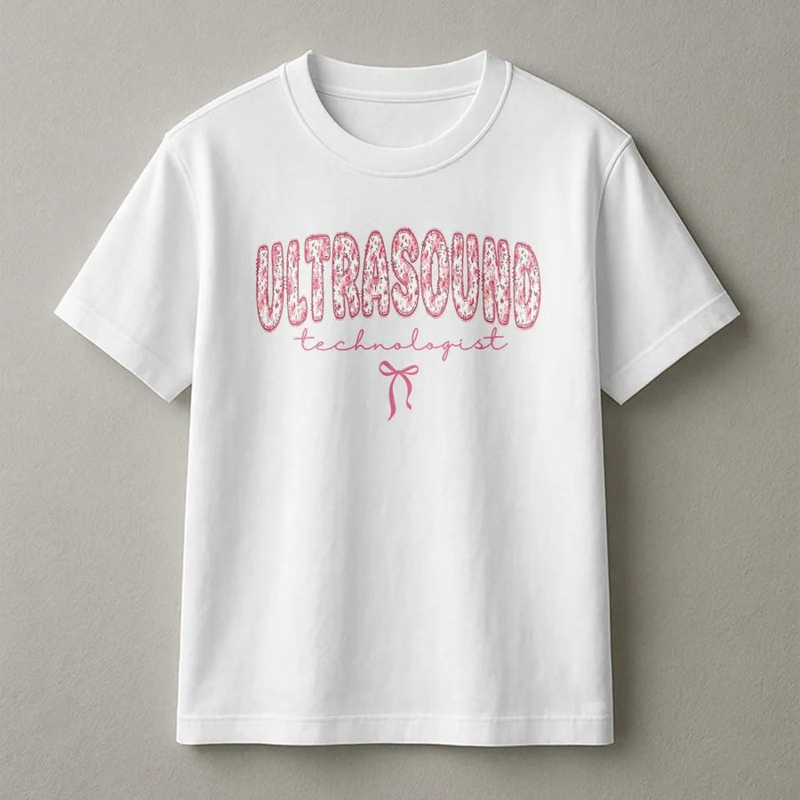 Ultrasound Technologist T-Shirt | Pink Floral Text & Ribbon Design | Premium 100% Cotton | Gift for Sonographer & Medical Student Graduation