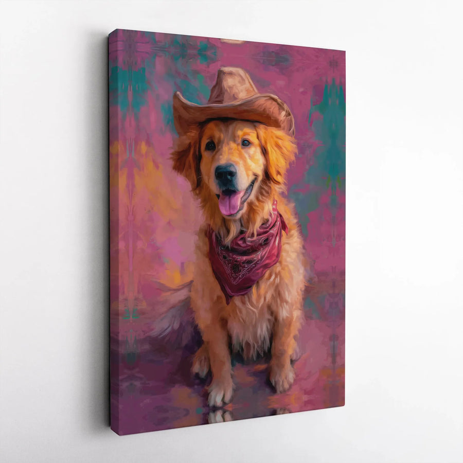 Golden Retriever Cowboy Canvas Wall Art | Painterly Western Dog Portrait | Premium Stretched Canvas | Gift for Dog Lover & Modern Farmhouse Decor