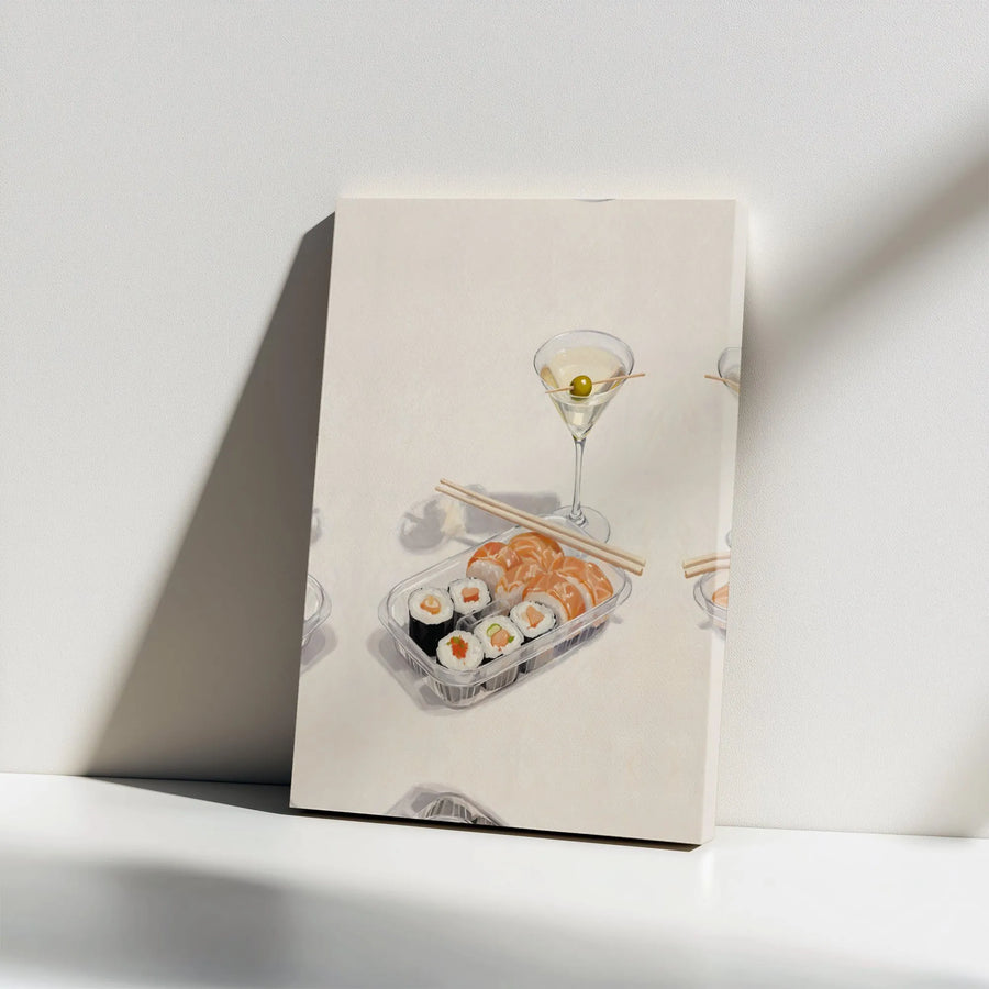 Sushi and Martini Still Life Canvas Art | Contemporary Kitchen Wall Decor | Premium Stretched Gallery Wrap | Unique Foodie Gift Idea
