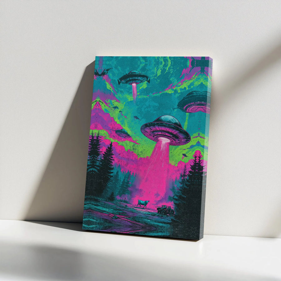 UFO Alien Abduction Canvas Print | Vibrant Sci-Fi Cow Abduction Scene | Premium Gallery Wrapped Canvas | Gift for Sci-Fi & UFO Fans