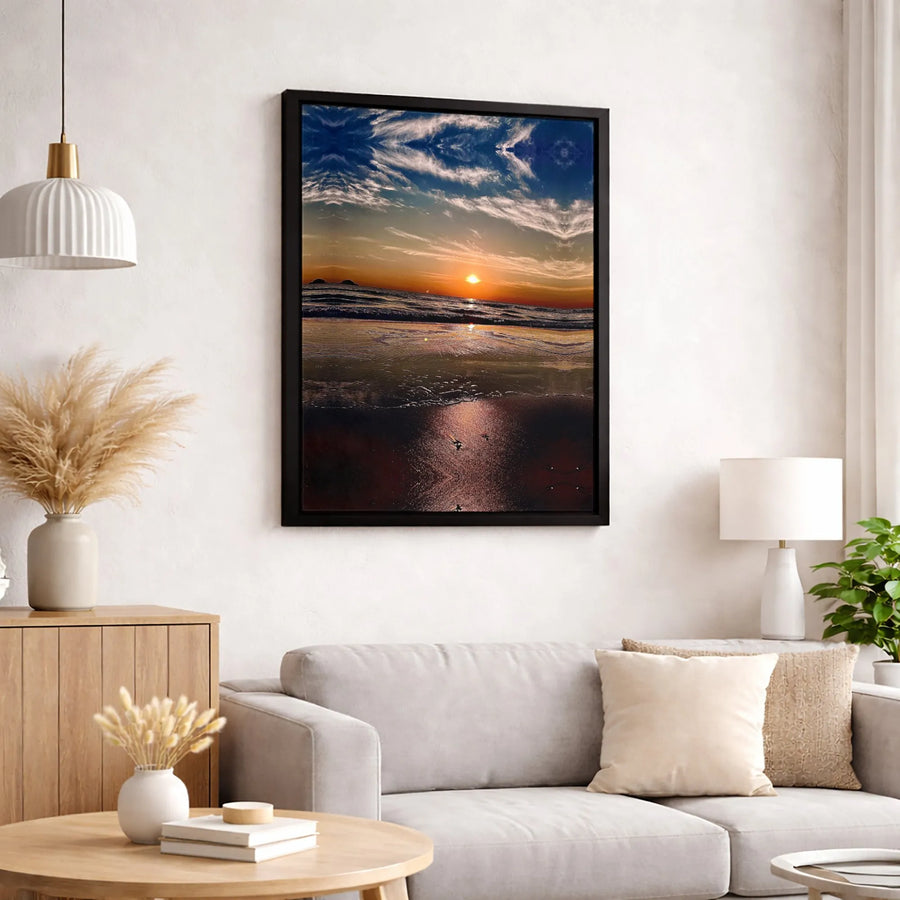 Ocean Sunset Beach Canvas Art | Mirrored Sky Reflections | Premium Gallery Wrap Wall Decor | Coastal Home Gift for Living Room