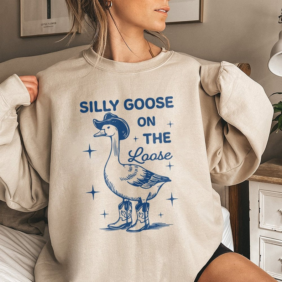 Silly Goose On The Loose Sweatshirt | Western Cowboy Boots Graphic | Premium Cotton Blend | Funny Animal Meme Gift for Men and Women