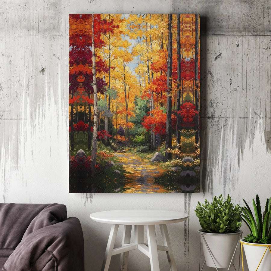 Autumn Forest Canvas Wall Art | Impressionist Birch Tree Pathway Painting | Premium Gallery-Wrapped Print | Fall Seasonal Home Decor Gift