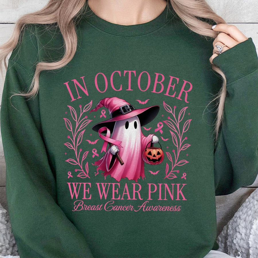 Breast Cancer Awareness Ghost Sweatshirt | In October We Wear Pink Halloween Design | Cotton Blend Premium Crewneck | Supportive Gift For Her