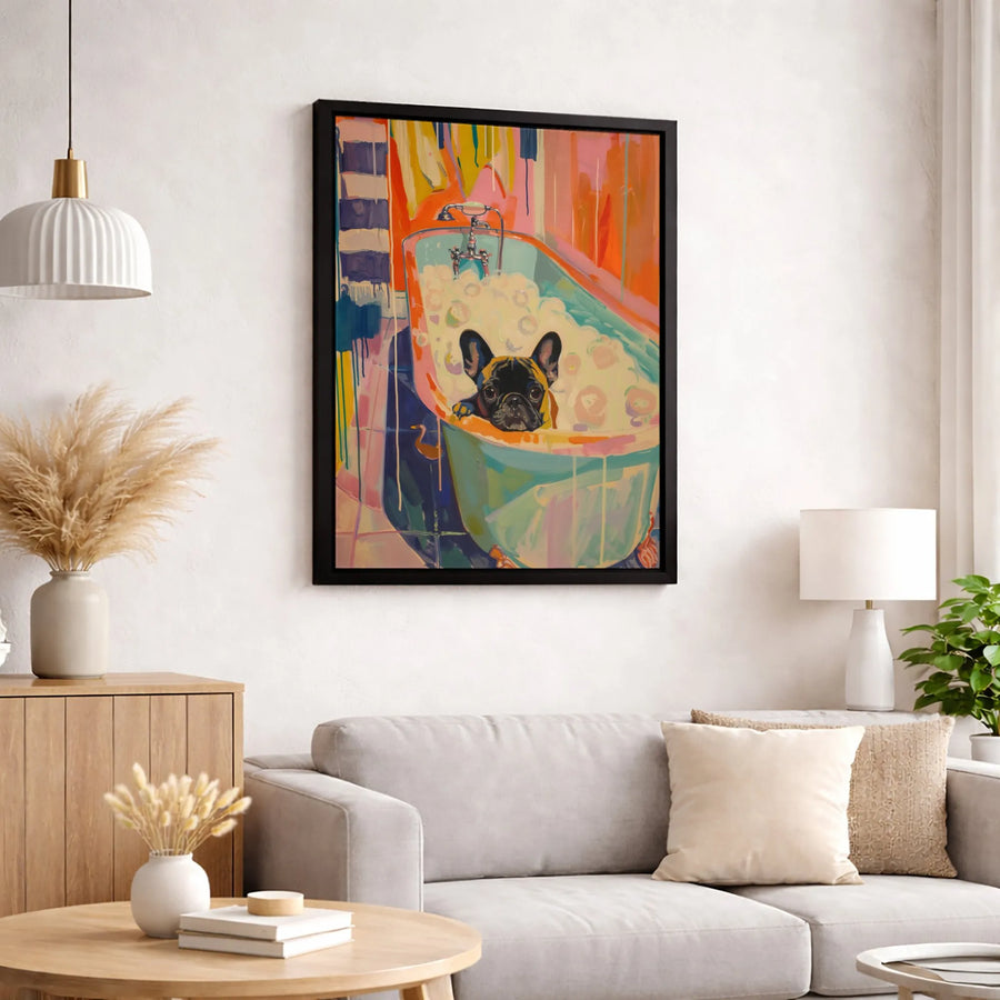 French Bulldog Canvas Art | Colorful Abstract Dog In Bathtub | Premium Fade-Resistant Gallery Print | Whimsical Pet Lover Gift