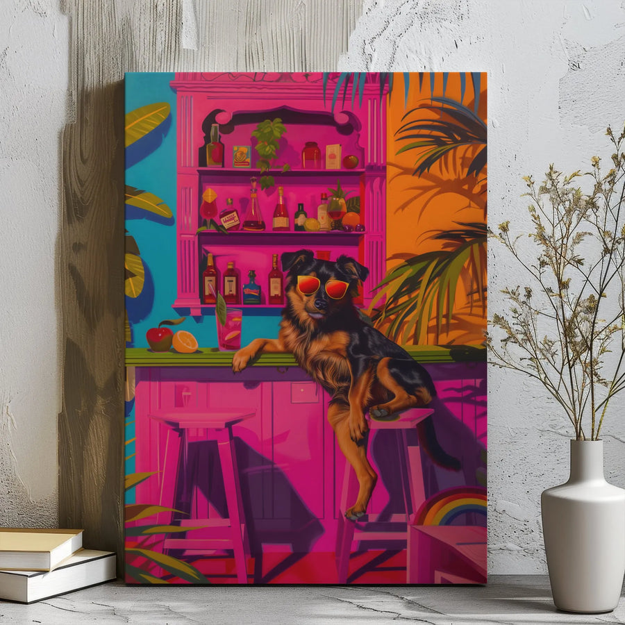 Tropical Cocktail Bar Dog Wall Art | Funky Sunset Pink Aesthetic Decor | Premium Gallery Wrap Canvas | Unique Gift for Dog Lovers & Bar Decor