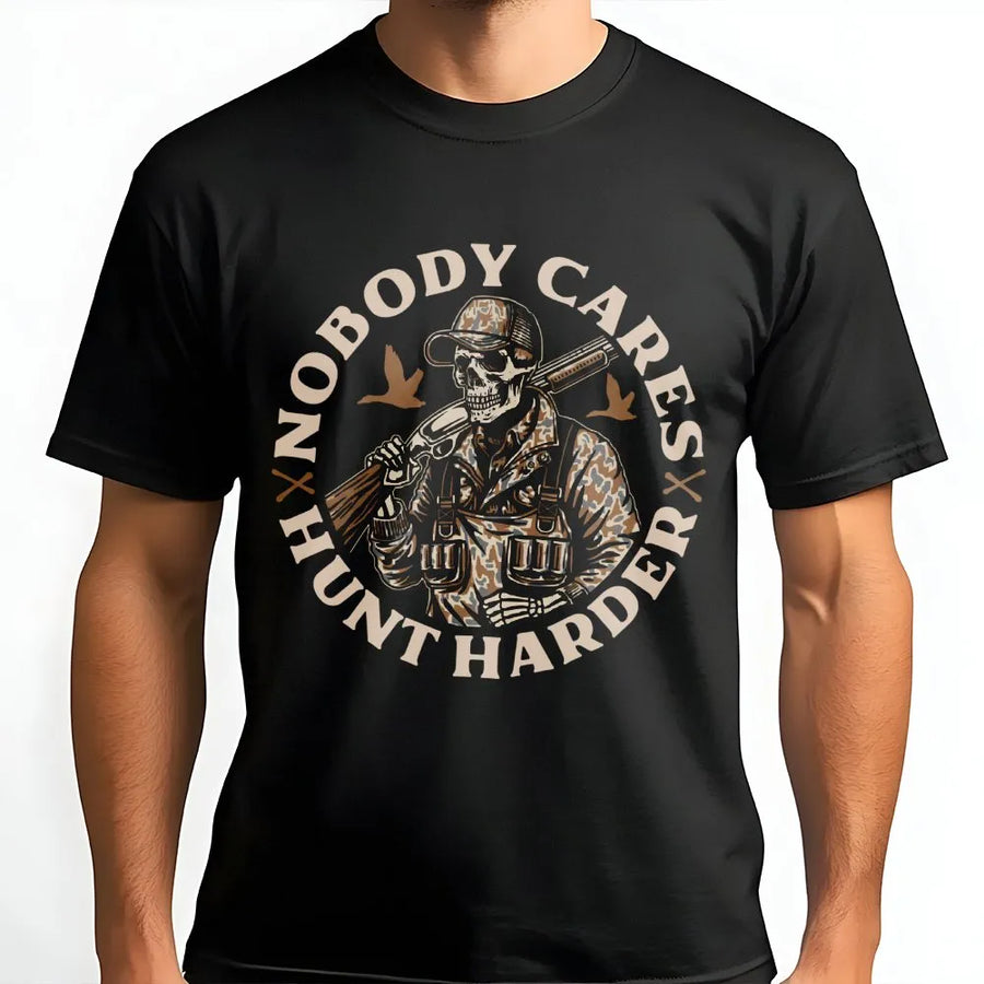 Nobody Cares Hunt Harder T-Shirt | Skull Hunter Camo Design | Premium Soft Cotton Graphic Tee | Hunting Gift for Hunters and Outdoorsmen