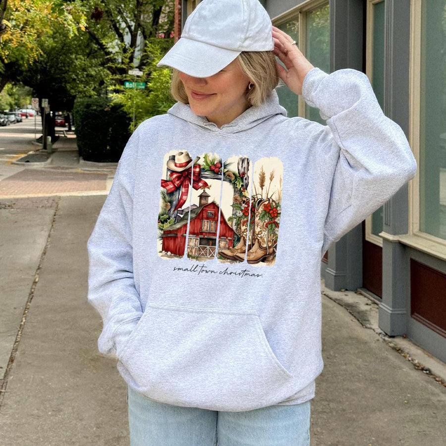 Small Town Christmas Hoodie | Western Country Barn Graphic Design | Premium Cotton Blend | Gift for Cowgirl Cowgirls Cowboy Lovers Holiday Apparel