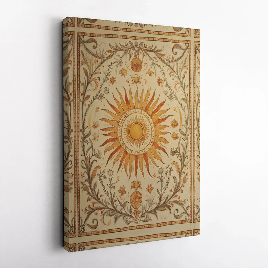 Celestial Sun Wall Art Print | Vintage Botanical Floral Border Canvas | Premium Fade-Resistant Gallery Wrap | Boho Home Decor Gift