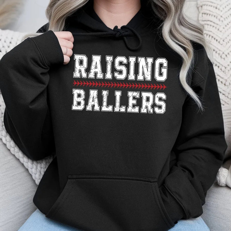 Raising Ballers Hoodie | Distressed Baseball Mama Graphic | Premium Cotton Blend | Baseball Mom Gift for Game Day Season