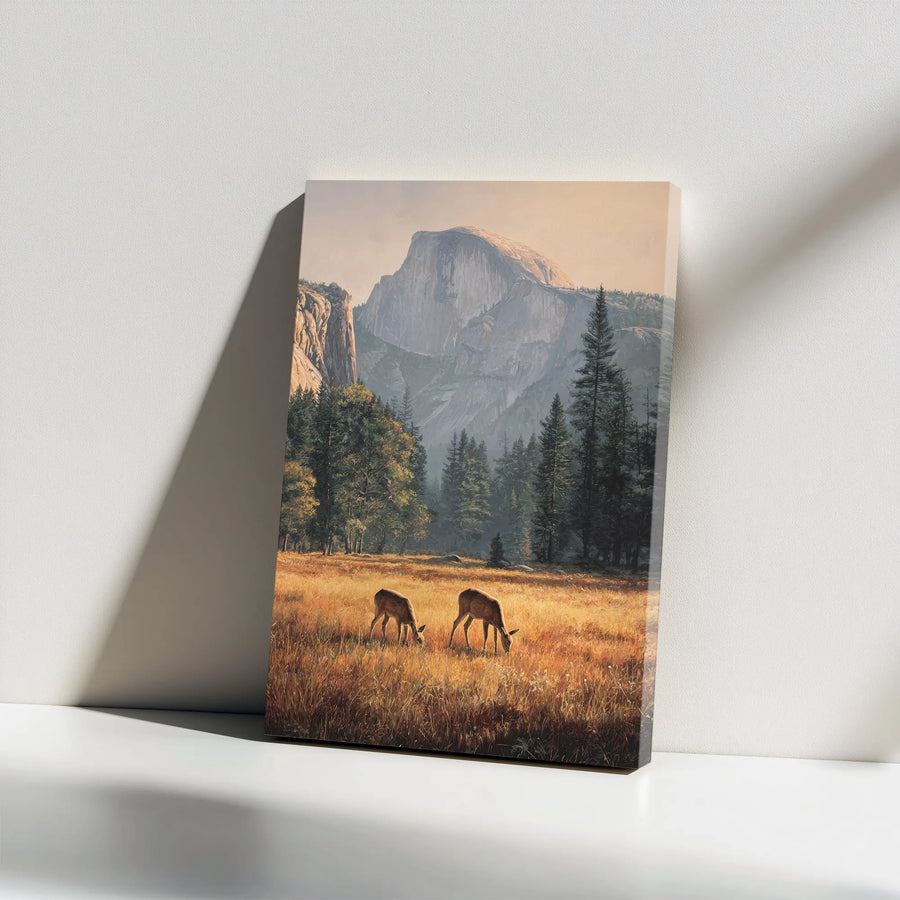 Yosemite National Park Canvas Wall Art | Half Dome with Grazing Deer | Premium Thick Gallery Wrap Print | Nature Lover Cabin Decor Gift