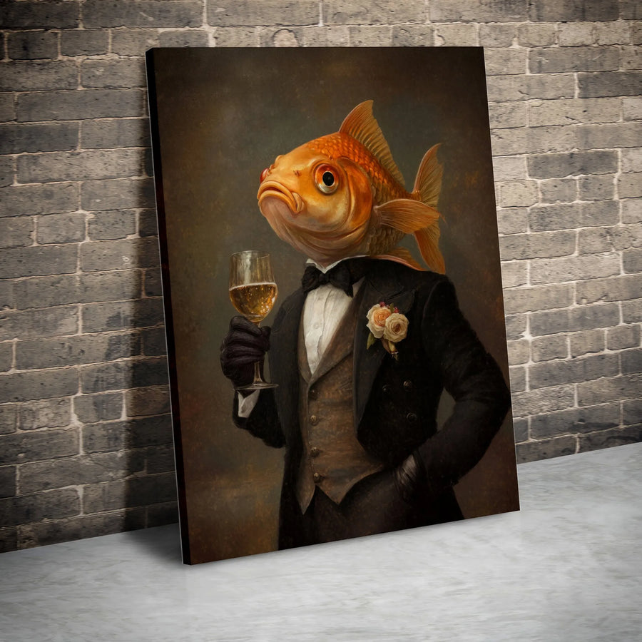 Goldfish Portrait Wall Art | Funny Tuxedo Fish Drinking Champagne | Premium Gallery Wrapped Canvas | Quirky Home Decor Gift for Office