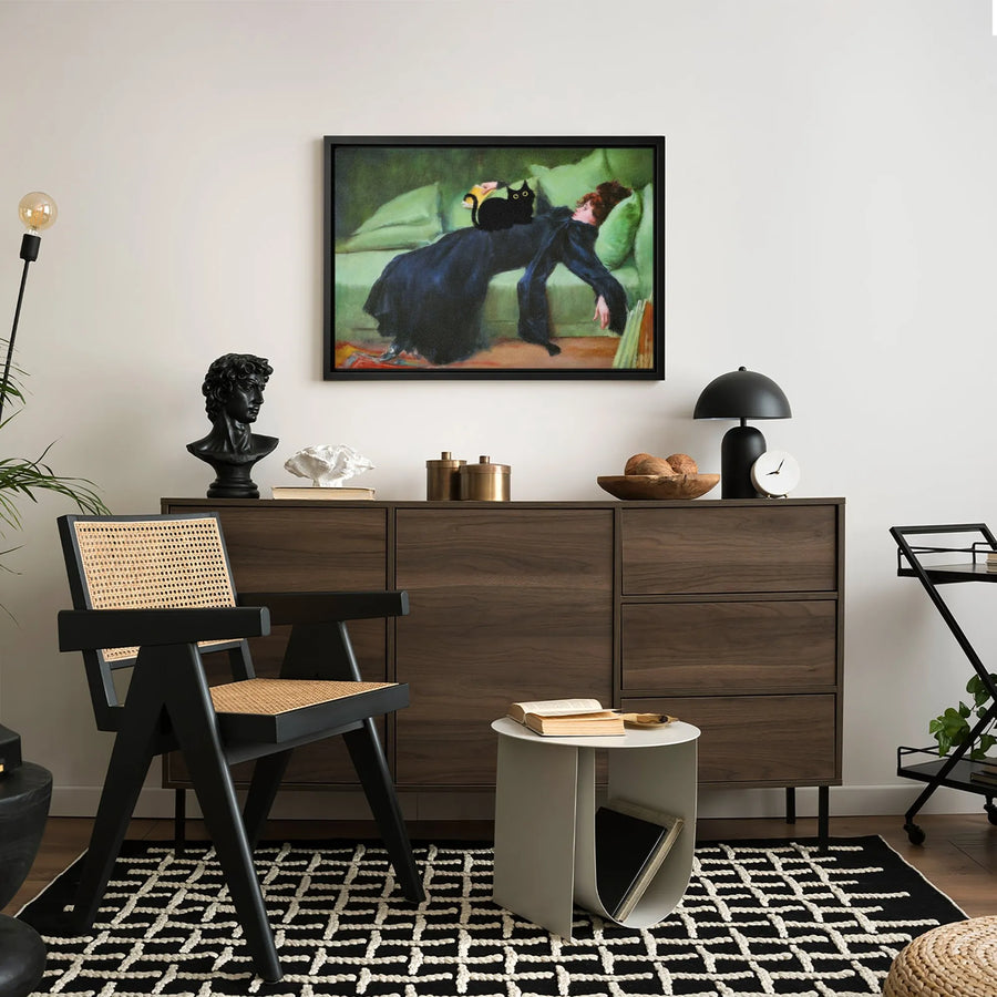 Black Cat on Green Divan Canvas Art | Whimsical Altered Classical Painting | Premium Gallery Wrap Wall Decor | Unique Cat Lover Gift Idea