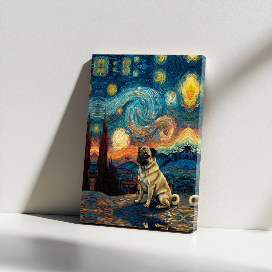 Pug Dog Wall Art | Starry Night Impressionist Style Canvas Print | Premium Gallery Wrap Decor | Unique Gift for Dog Lovers