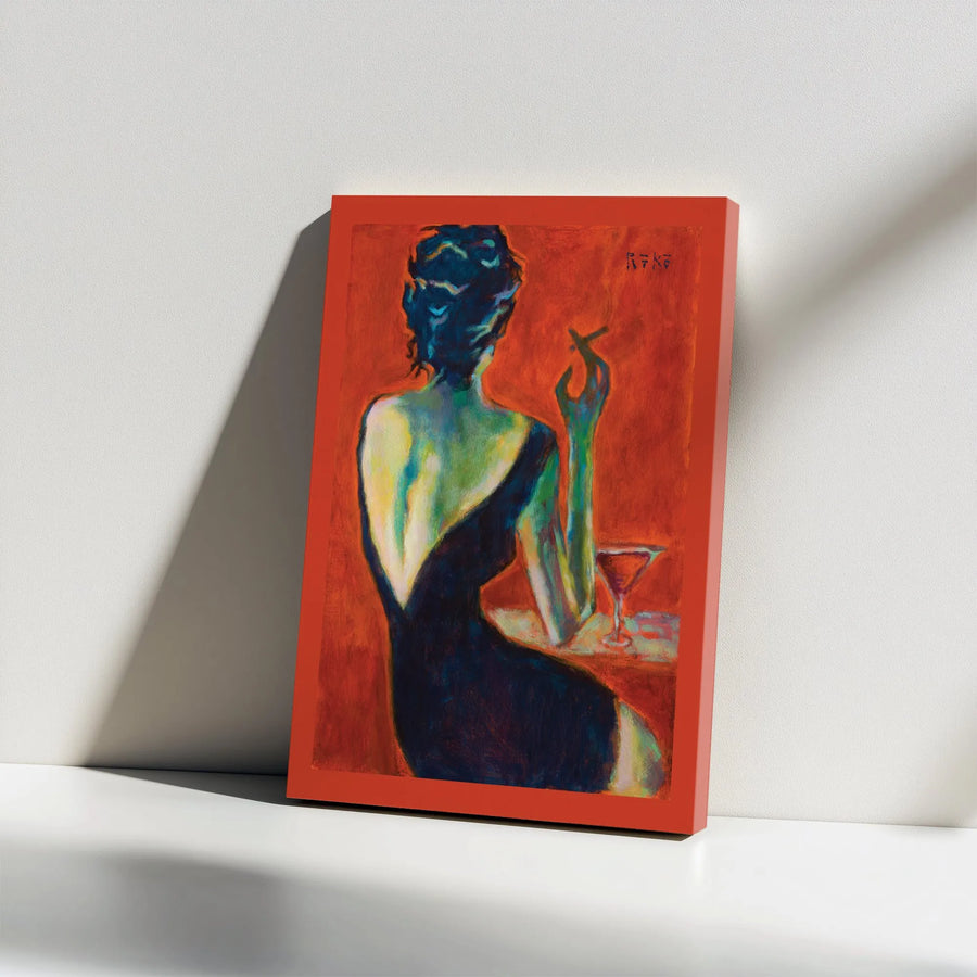 Woman Smoking with Martini Canvas Wall Art | Moody Impressionist Figurative Portrait | Premium Gallery Wrap Print | Sophisticated Bar Decor