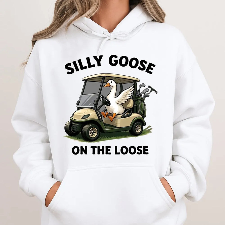 Silly Goose on the Loose Hoodie | Funny Goose Driving Golf Cart Graphic | Soft Cotton Blend | Unique Gift for Golfer