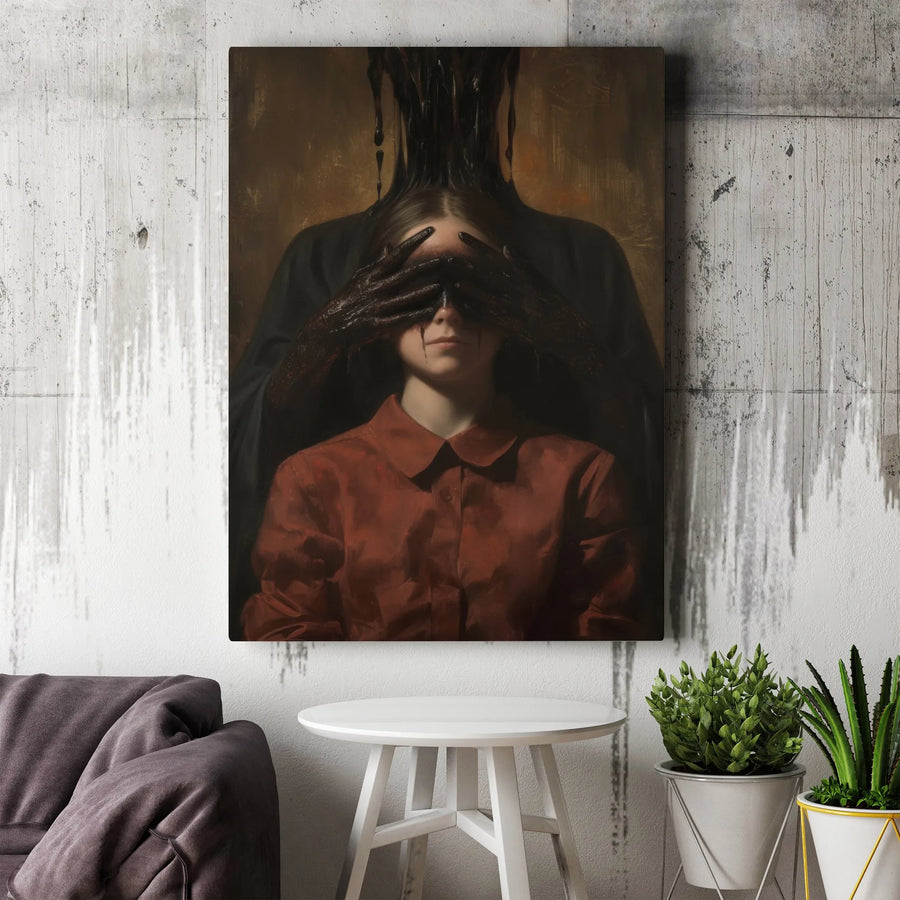 Gothic Surrealist Wall Art | Dark Figure Covering Eyes Painting | Premium 1.25" Gallery Canvas | Moody Home Decor for Alternative Spaces