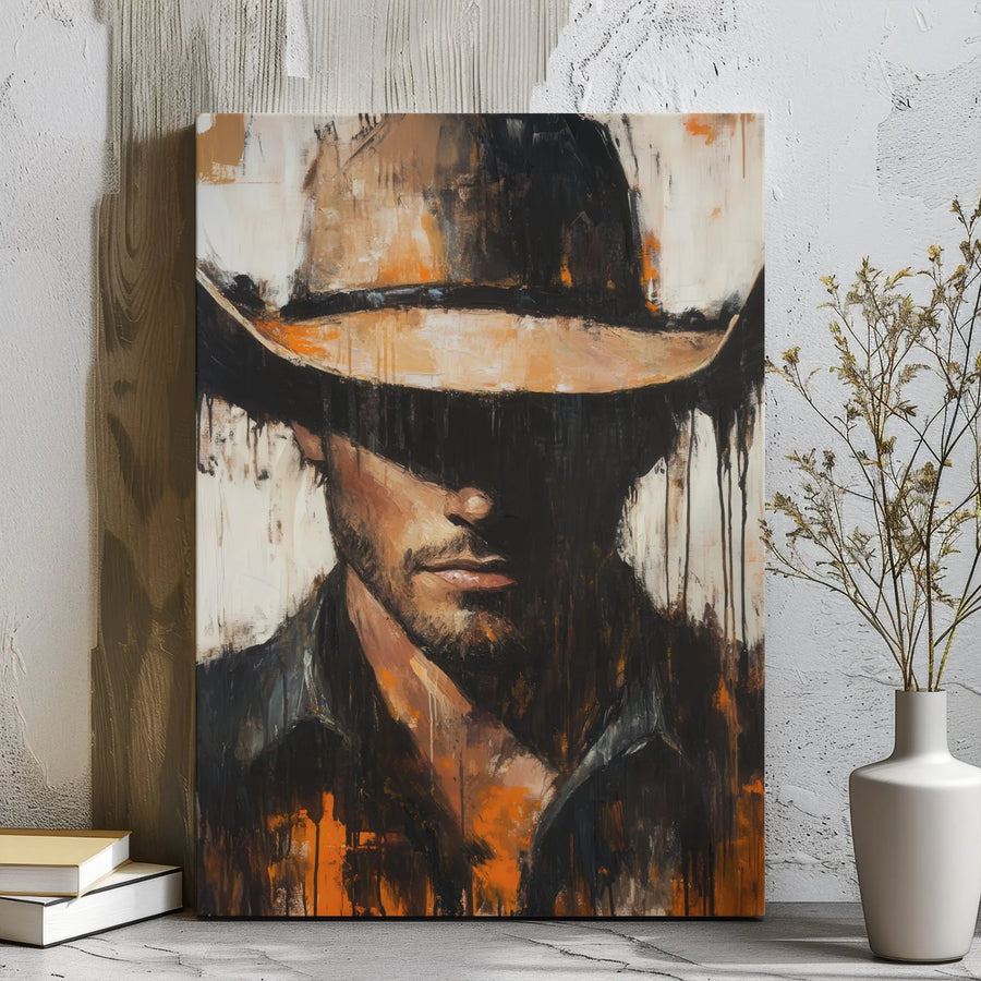 Western Cowboy Canvas Wall Art | Abstract Oil Painting Style | Premium Gallery Wrap Canvas | Rustic Home Office Decor Gift