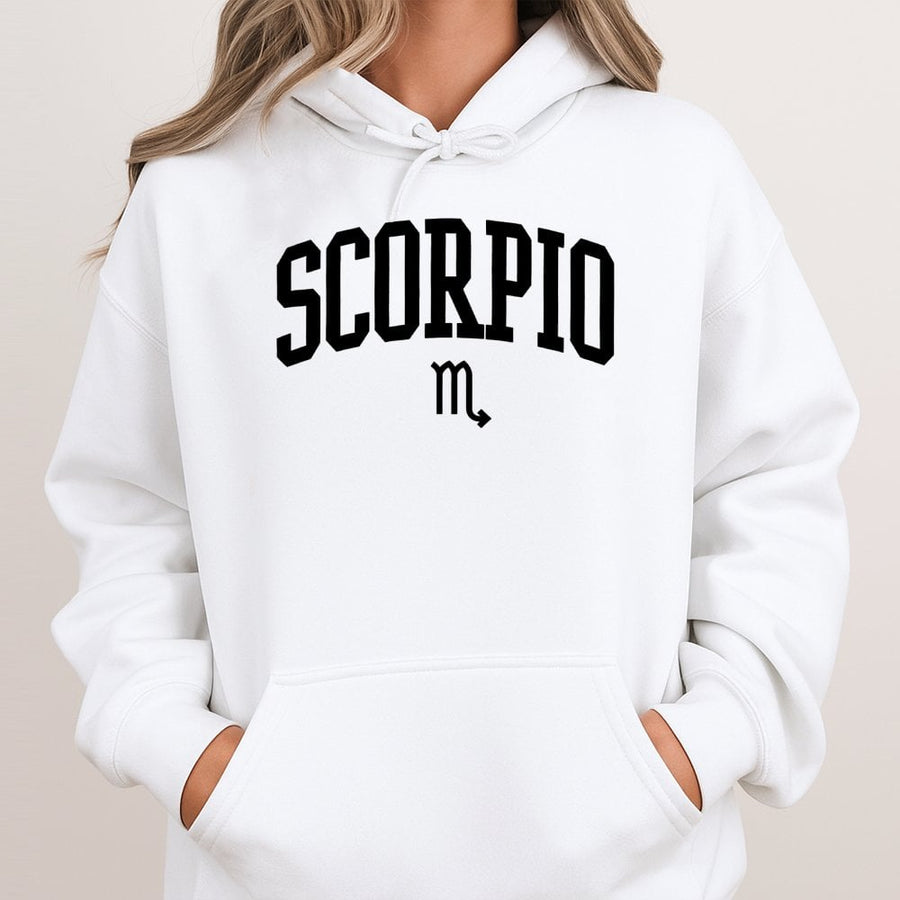 Scorpio Zodiac Hoodie | Minimalist Varsity Text Horoscope Design | Premium Cotton Blend Fleece | Aesthetic Astrology Gift for Women and Men