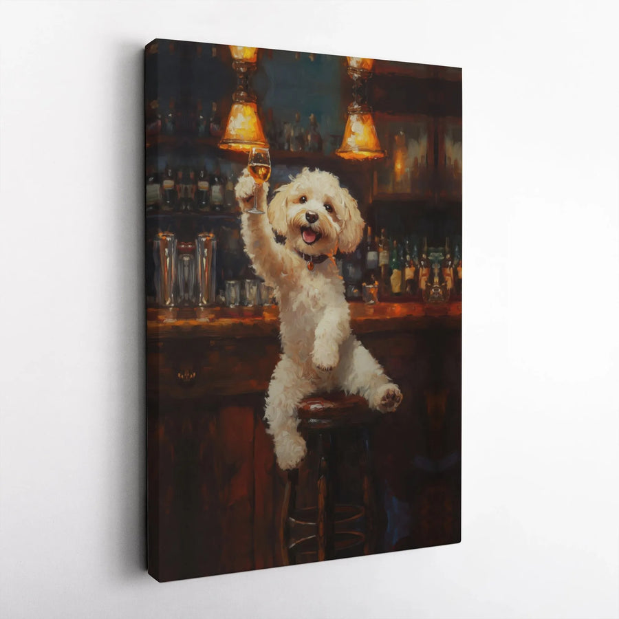 Dog In Bar Canvas Wall Art | Whimsical Toasting Poodle Portrait | Premium Gallery Wrapped Decor | Unique Animal Lover Gift Idea