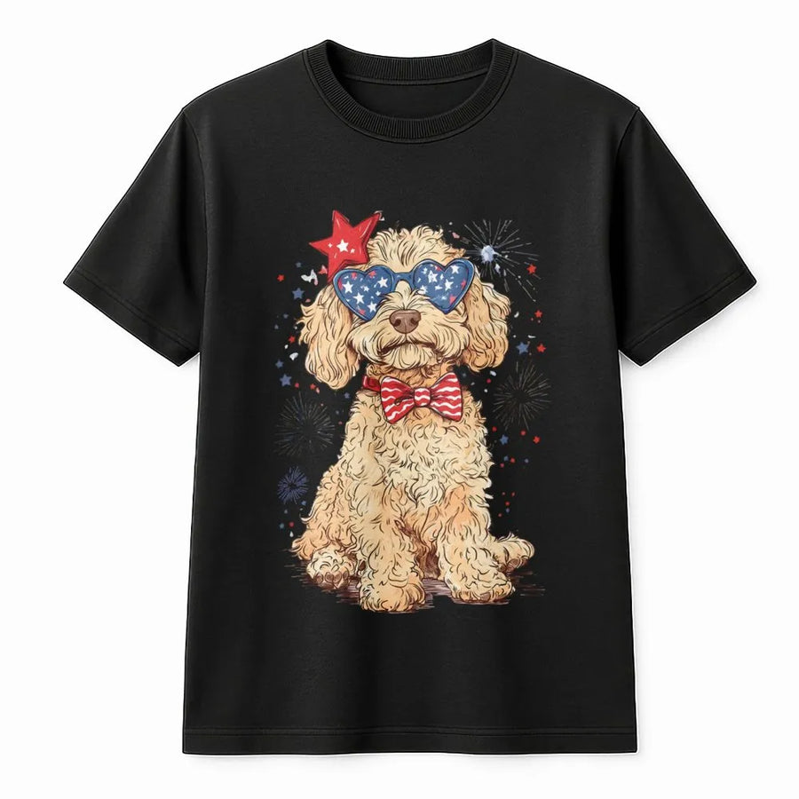 Goldendoodle T-Shirt | Patriotic Stars and Stripes Dog Lover Graphic | Premium Soft Cotton | 4th of July Independence Day Gift for Dog Mom Dad