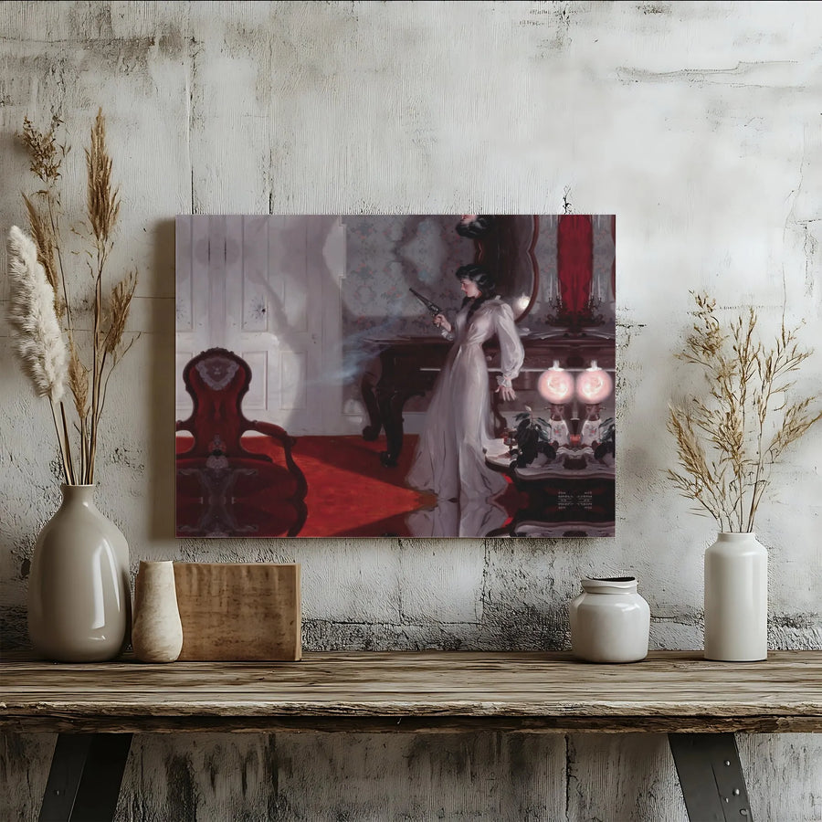 Vintage Mystery Wall Art | Woman With Smoking Gun Canvas Print | Premium Gallery Wrap Decor | Dark Academia Home Office Gift