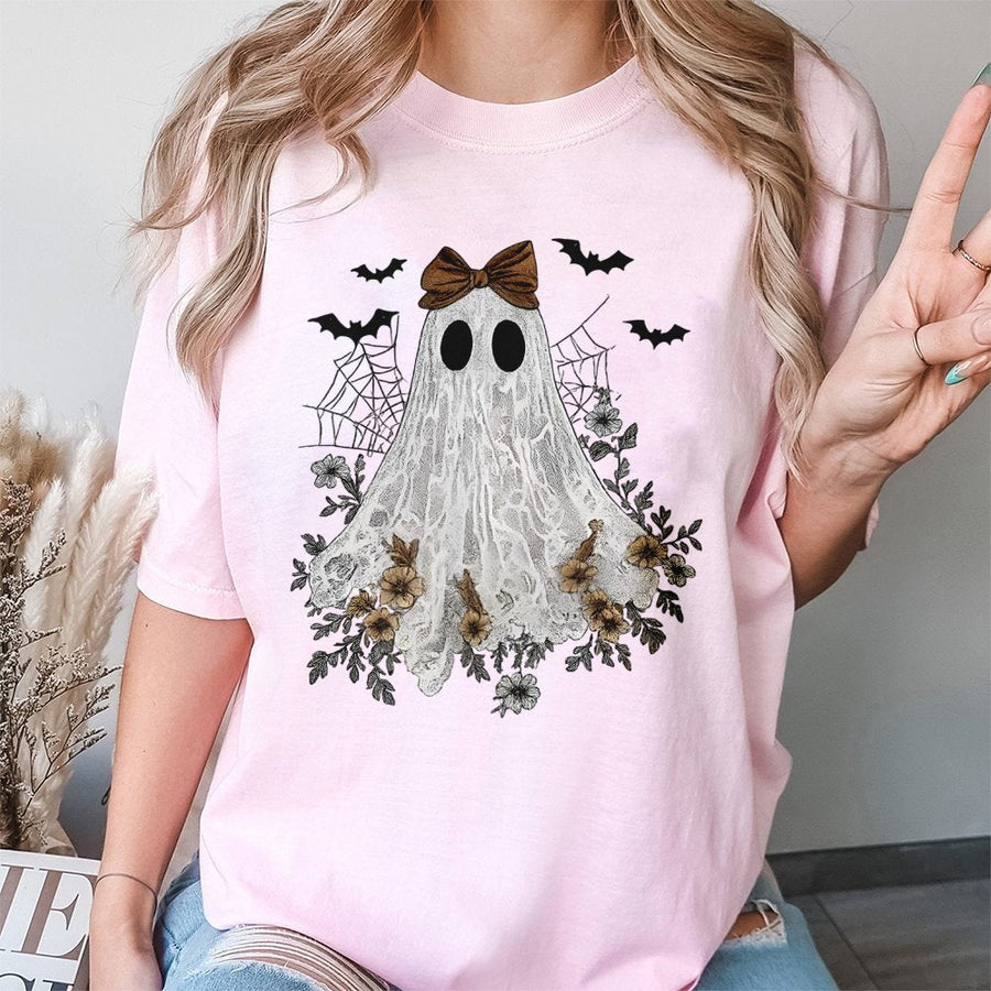 Cute Ghost T-Shirt | Coquette Aesthetic Floral Halloween Graphic | Premium Cotton Unisex Tee | Spooky Seasonal Gift for Women
