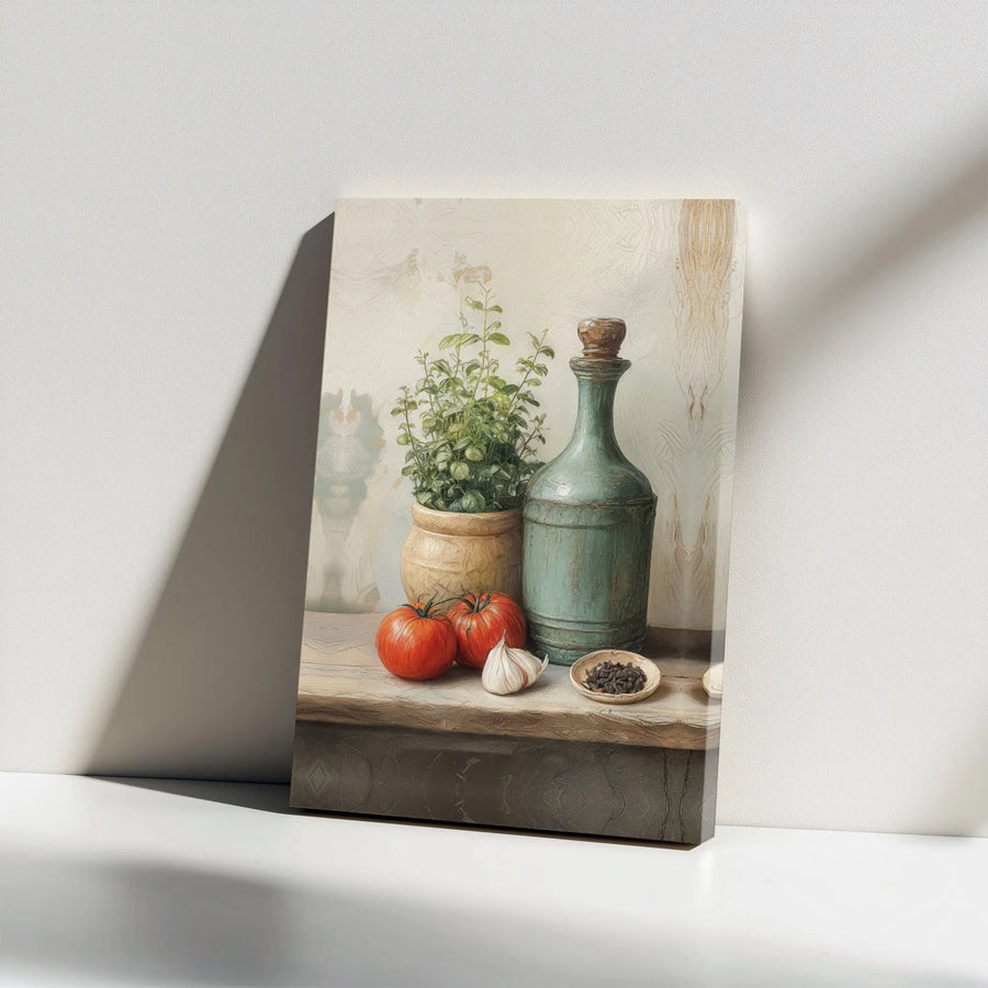 Rustic Kitchen Still Life Canvas Art | Tomatoes Garlic Herb Decor | Premium Gallery Wrap Wall Print | Farmhouse Dining Room Wall Decor Gift