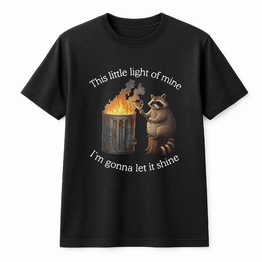 Raccoon Trash Fire T-Shirt | Funny Whimsical Animal Art | Premium Soft Cotton Tee | Unique Nature Lover Gift for Men and Women