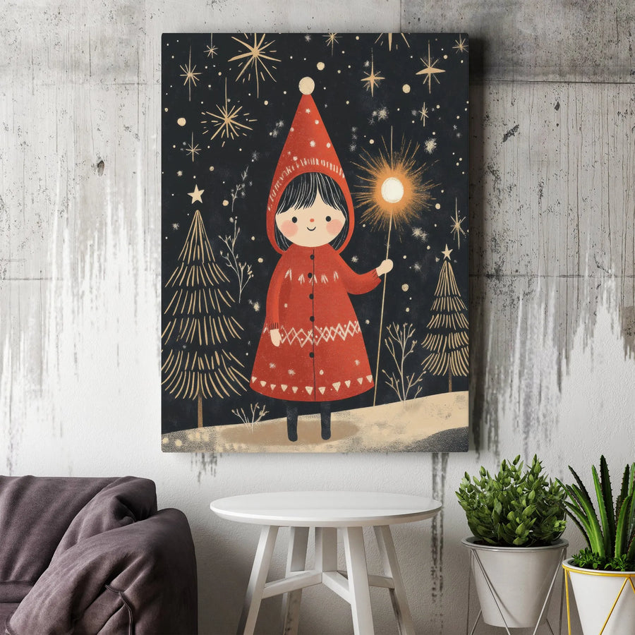 Whimsical Winter Forest Canvas Wall Art | Girl With Gnome Hat and Star Wand | Premium Fade-Resistant Gallery Print | Magical Christmas Holiday Decor Gift