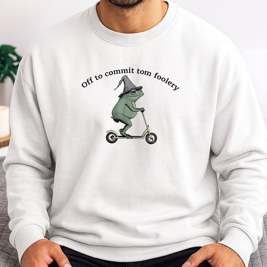 Frog Sweatshirt | Off To Commit Tom Foolery Funny Meme Design | Premium Cotton Blend Crewneck | Unisex Gift For Nature Lovers