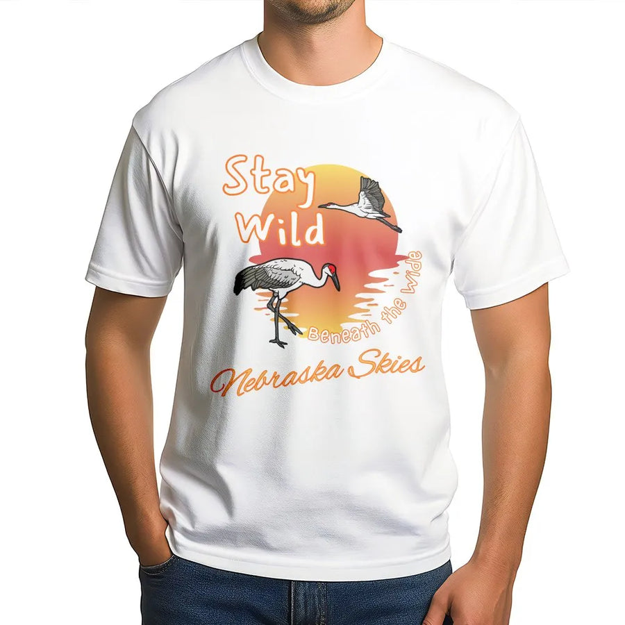 Nebraska Sandhill Crane T-Shirt | Stay Wild Sunset Graphic | Premium Cotton Tee | Gift for Nature Lover
